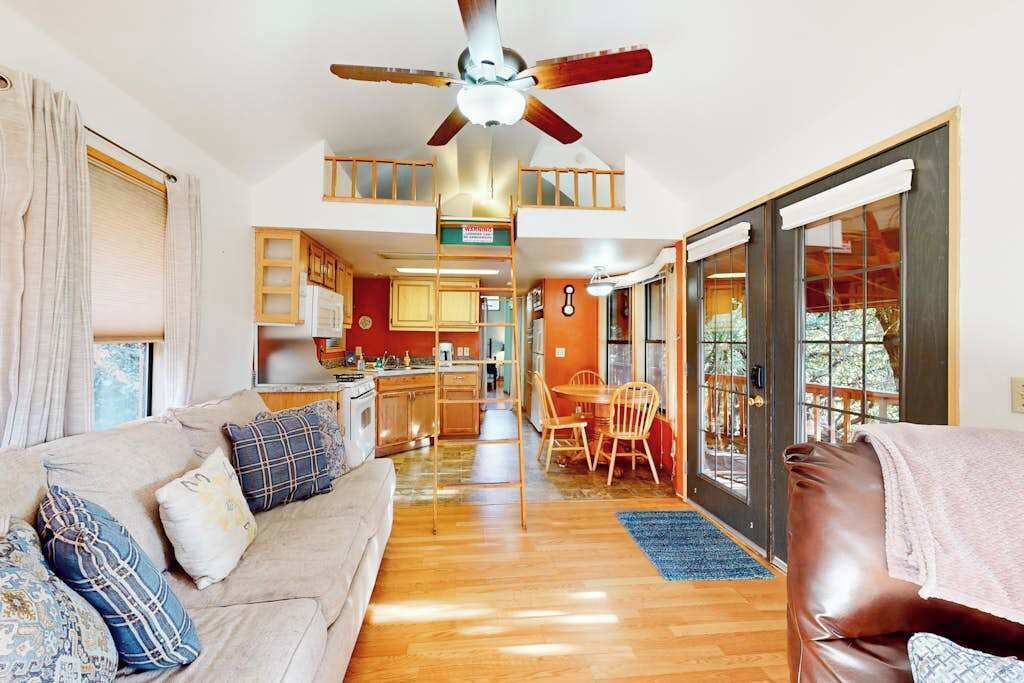 A spacious living area with a sofa, a dining table, and a kitchen in the background.