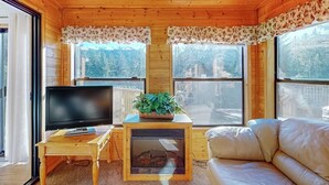 A wooden cabin interior with a television, a fireplace, a sofa, and large windows.