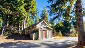 A small wooden cabin with a red door, surrounded by tall trees and a clear sky. - Cozy, comfortable cottage in Government Camp (Government Camp)