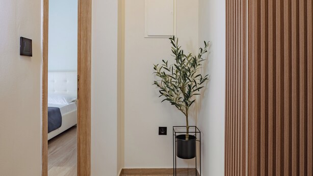 Ein Flur mit Holzboden, einer Zimmerpflanze, einem gerahmten Bild an der Wand und einem Bett, das durch eine geöffnete Tür sichtbar ist.