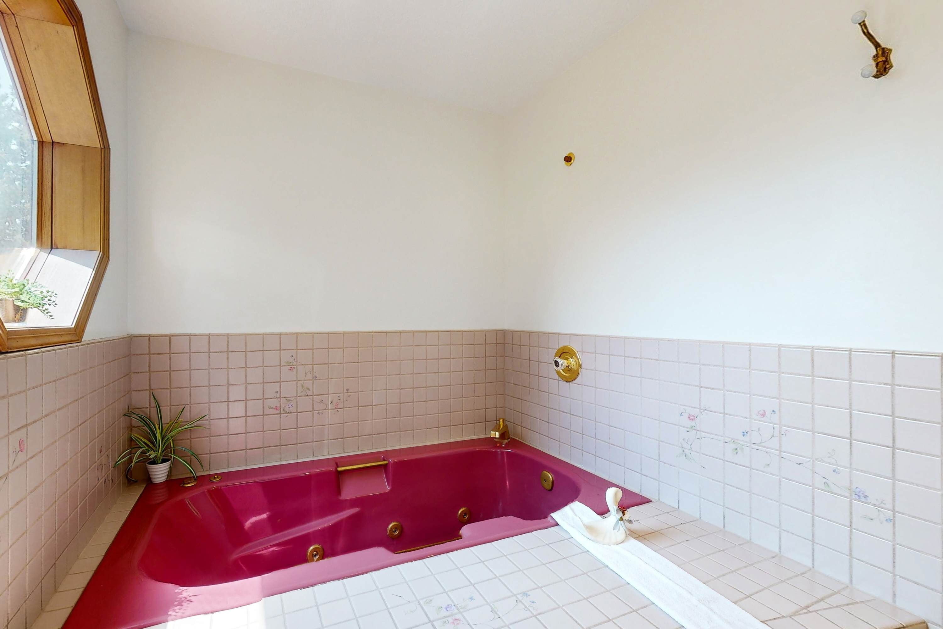 A bathroom with a red bathtub, a potted plant, and a window.
