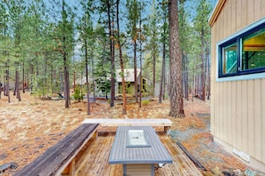 Terrace/patio - Placid dog-friendly home with gym, tennis court, firepit, sauna, pool, & hot tub (Black Butte Ranch)
