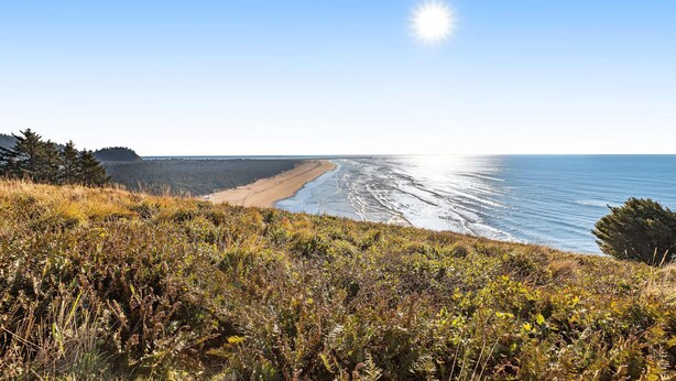 Un paysage côtier comprenant une plage, l’océan et de la végétation.