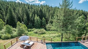 Una terraza de madera con piscina, sillas de descanso y vistas a un bosque.