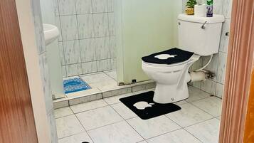 A bathroom with a toilet, a bidet, a toilet paper holder, and a small plant on the toilet tank.