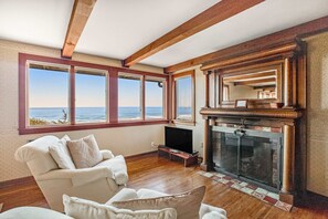 TV, fireplace, DVD player, table football - Secluded beachfront home with Pacific Ocean views, fireplace, game room, grill (Arch Cape)
