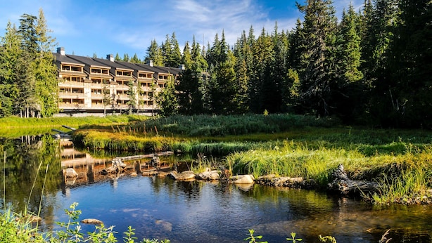 A lodge with a reflective pond, surrounded by dense forest. - Luxury mountain home withshared pool & hot tub, patio, balcony views, & free WiFi (Government Camp)