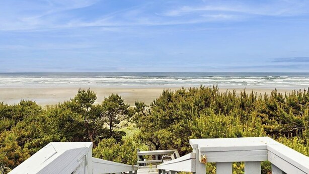 Kustgezicht met een strand, oceaan en weelderige begroeiing.