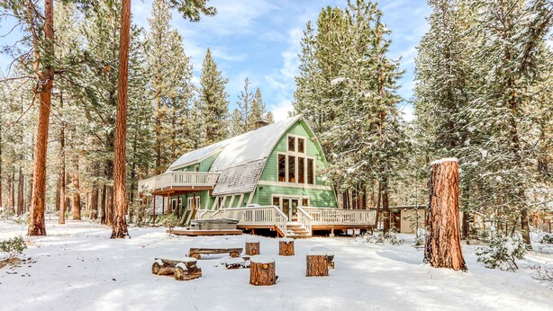 Een chalet met een groen dak, omringd door hoge dennenbomen en bedekt met sneeuw.