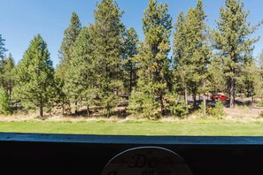 A view of a forest with tall pine trees and a road with a red vehicle. - Dog-Friendly Condo Steps from the Village with Balcony, WiFi & Gas Fireplace (Sunriver)