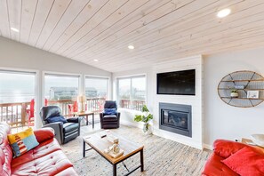 TV, fireplace, offices - Dreamy Coastal Gem Near the Beach with Ocean View, Game Room, & a Private Hot Tub (Newport)