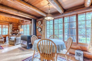 Dining - Historic riverfront Steiner cabin in forest with firepit, deck, & patio lounging (Brightwood)