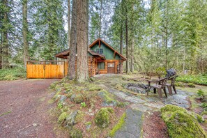 Exterior - Historic riverfront Steiner cabin in forest with firepit, deck, & patio lounging (Brightwood)