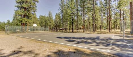 An outdoor basketball court surrounded by trees.