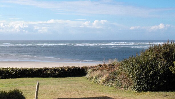 A coastal landscape with a beach, ocean, and a hedge in the foreground. - Beautifully renovated home across street from beach access - dogs welcome (Waldport)