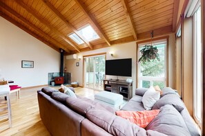 TV, fireplace - Tree-lined coastal home with wood fireplace, yard, W&D, & games - dog-friendly (Manzanita)
