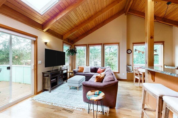 TV, fireplace - Tree-lined coastal home with wood fireplace, yard, W&D, & games - dog-friendly (Manzanita)