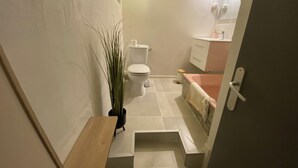 A bathroom with a toilet, sink, and shower area. - L'Echappé Médiévale in the heart of a small Alpine town (Veynes)