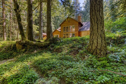 Classic riverfront home with great views, game room, hot tub, & modern cabin feel