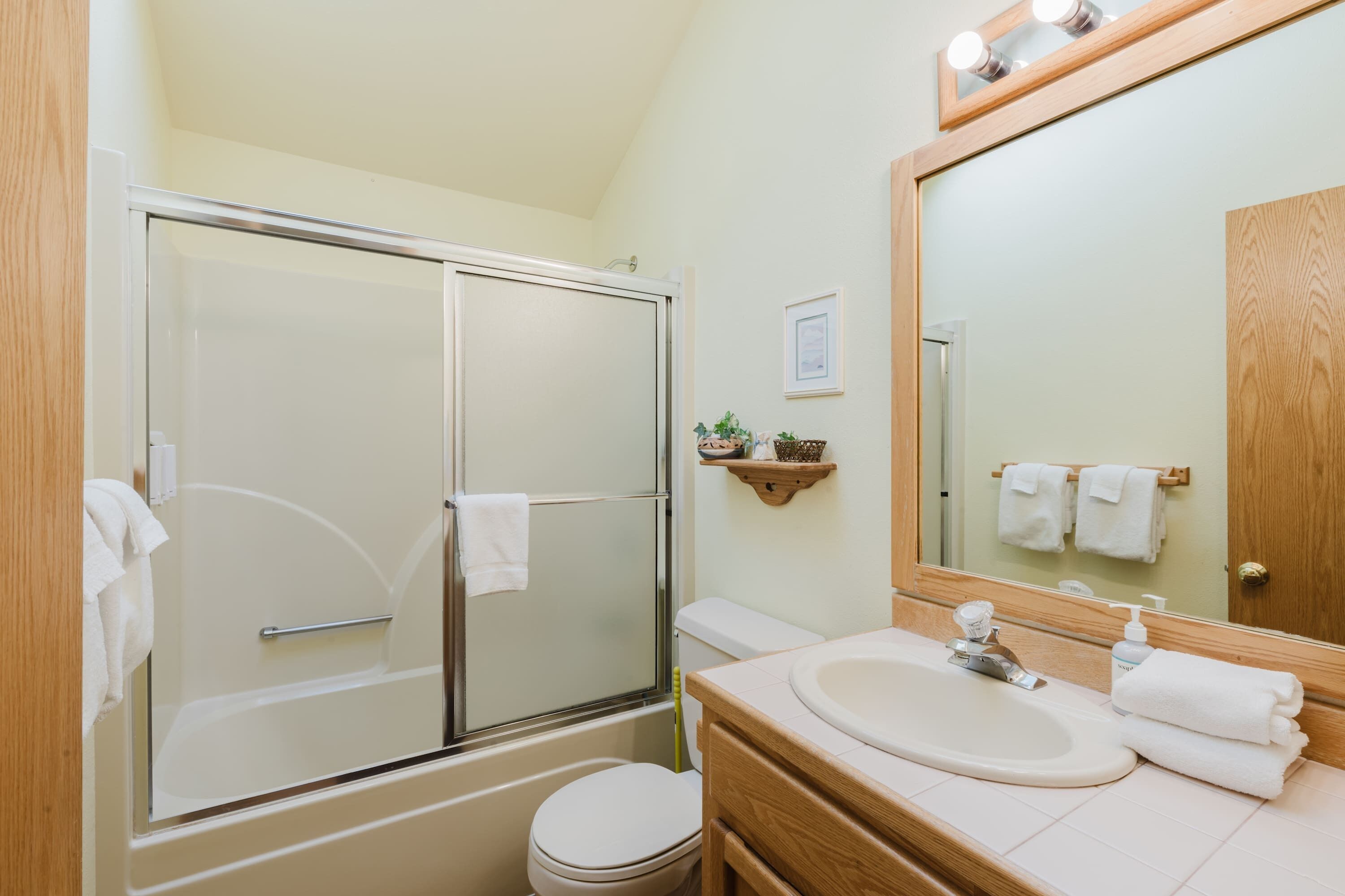 A bathroom with a glass-enclosed shower, a toilet, a sink with a mirror, and a wooden vanity.