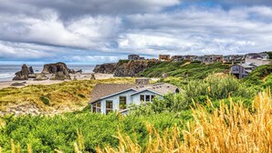 A coastal residential area with houses, a beach, and rocky formations.