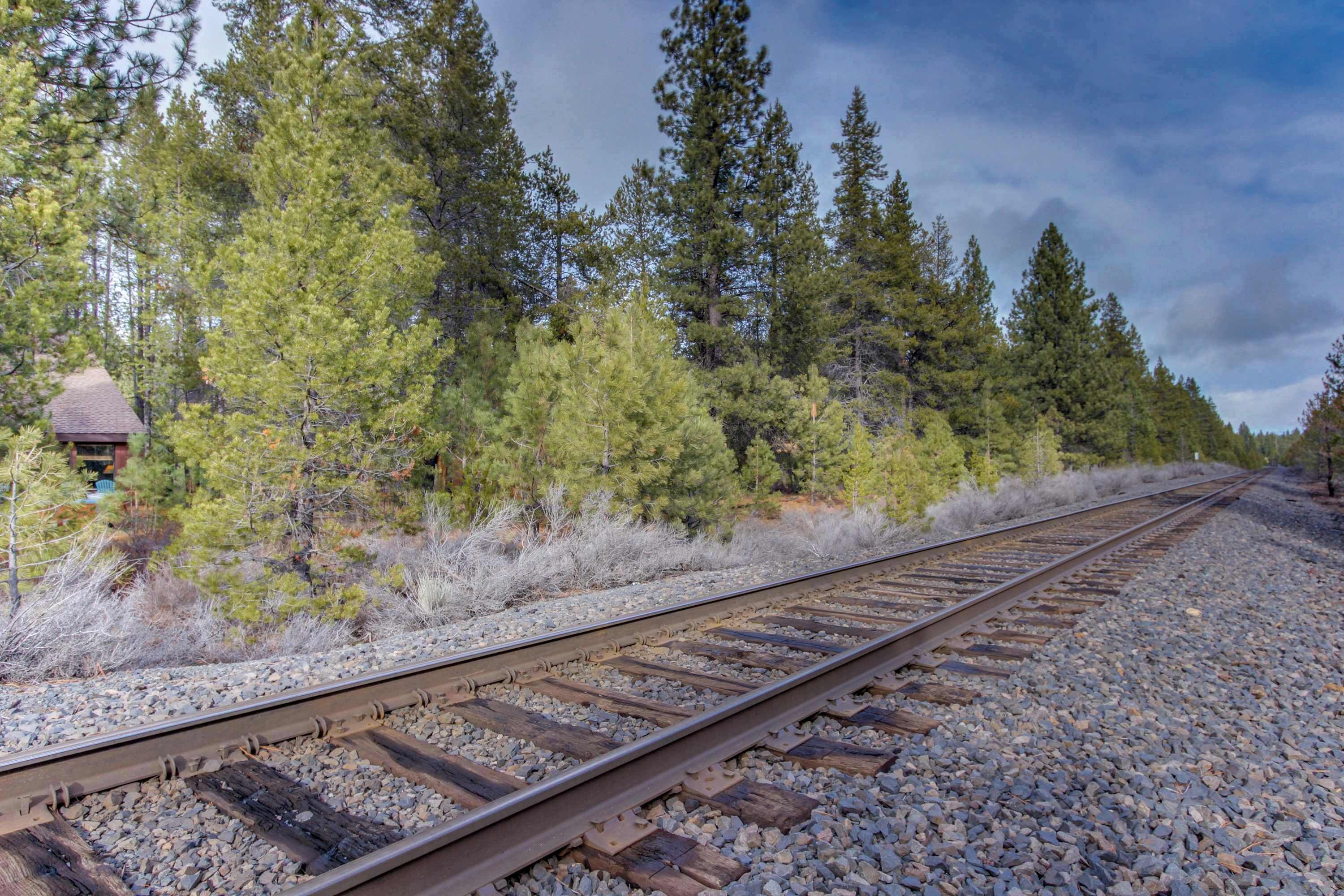 A railway track with a small building on the left, surrounded by dense forest.