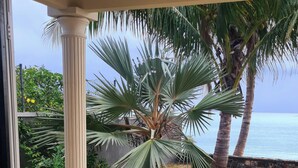 A covered patio with a palm tree, a view of the sea, and a tiled floor. - Jugroop Beach House (Tombeau Bay)