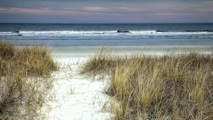Ein Strandweg, der zum Meer führt, mit Sand und Gras.