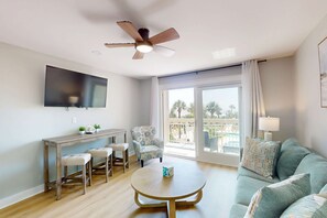 TV, offices - Beach-view condo in oceanfront complex with outdoor pool, beach access, balcony (Hilton Head)