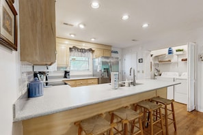 Fridge, microwave, oven, stovetop - Steps to the Beach & Shops Home on a Tidal Creek w/ Two Decks, AC & WiFi (Edisto Beach)