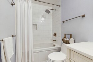 Shower, hair dryer, towels - Steps to the Beach & Shops Home on a Tidal Creek w/ Two Decks, AC & WiFi (Edisto Beach)