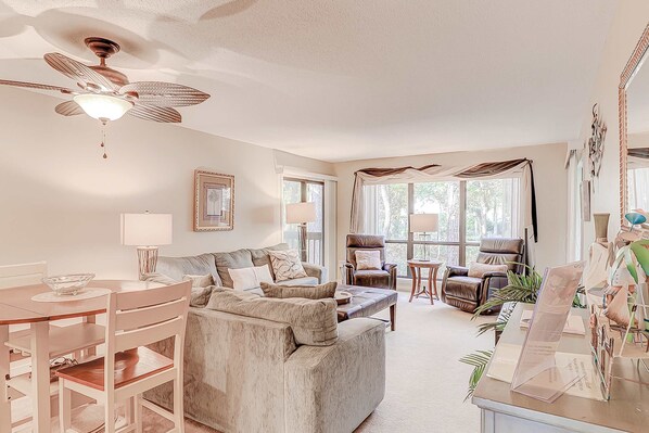TV - Dog-friendly condo with pool, central AC, & washer/dryer - quick walk to beach (Hilton Head)