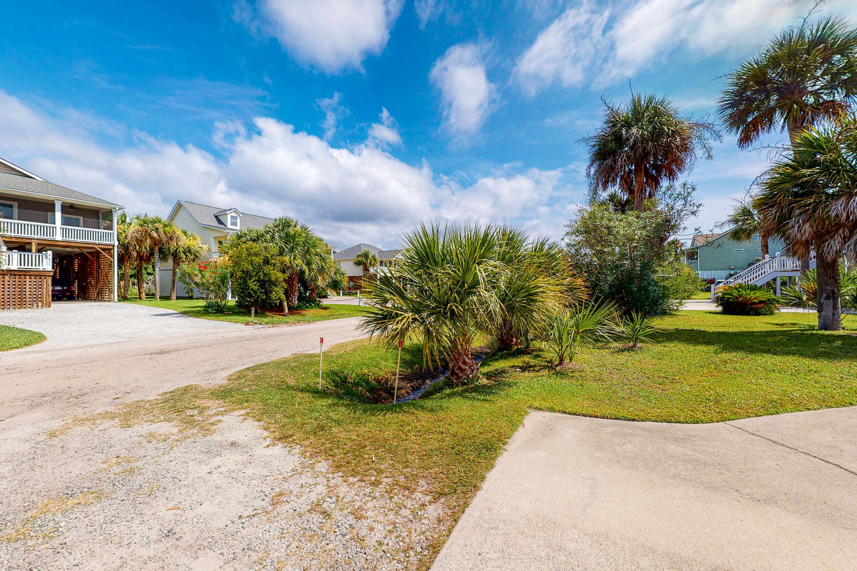 A residential street with houses, a driveway, and palm trees.