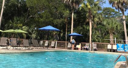 Snowbird-friendly island cottage with fairway views, lanai, & AC - dogs welcome