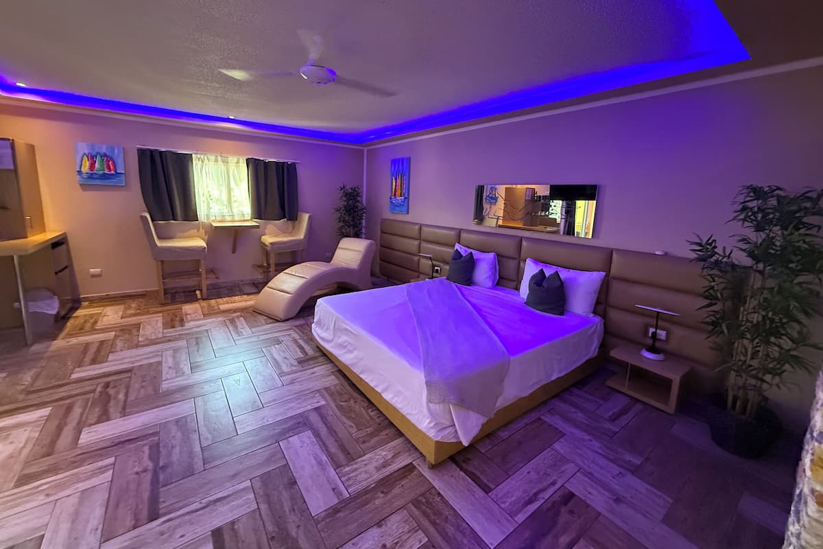 A modern hotel room with a large bed, a desk, two chairs, a ceiling fan, and a potted plant.