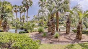 Un jardin aménagé avec des palmiers, un étang et une clôture blanche.