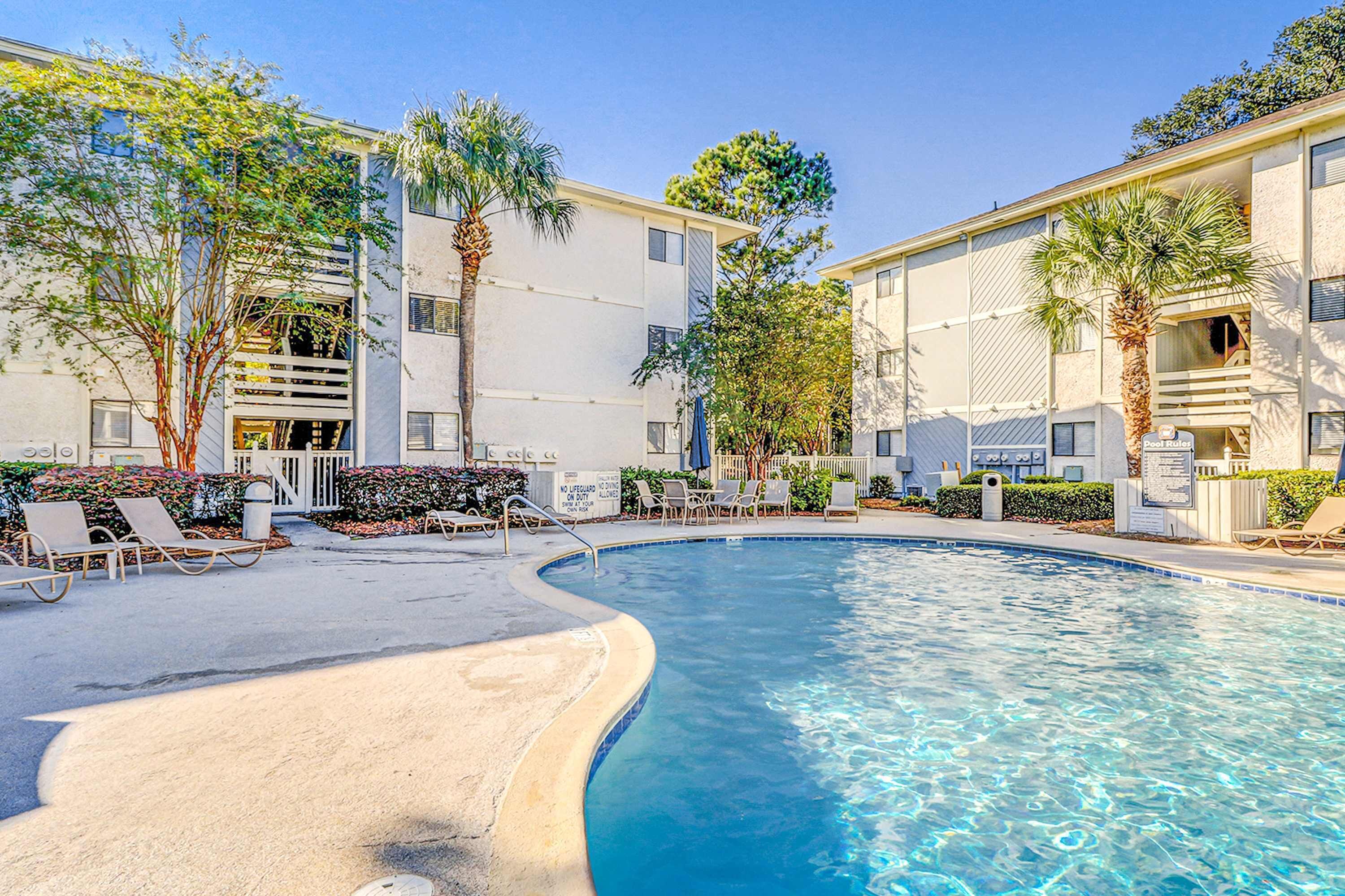 A swimming pool with lounge chairs and palm trees, surrounded by multi-story buildings.