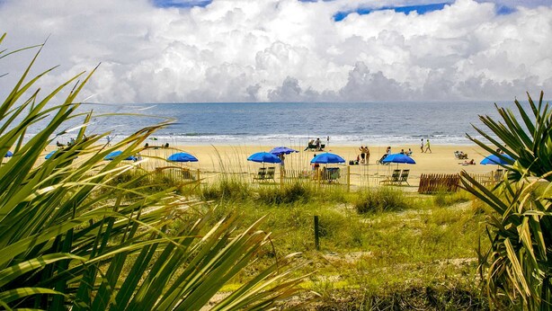 Une plage avec des parasols, des gens et une vue sur l’océan.