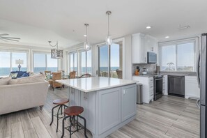 Fridge, microwave, oven, stovetop - Panoramic direct oceanfront view condo w/ pool, hot tub, gym & steps to beach (Hilton Head)