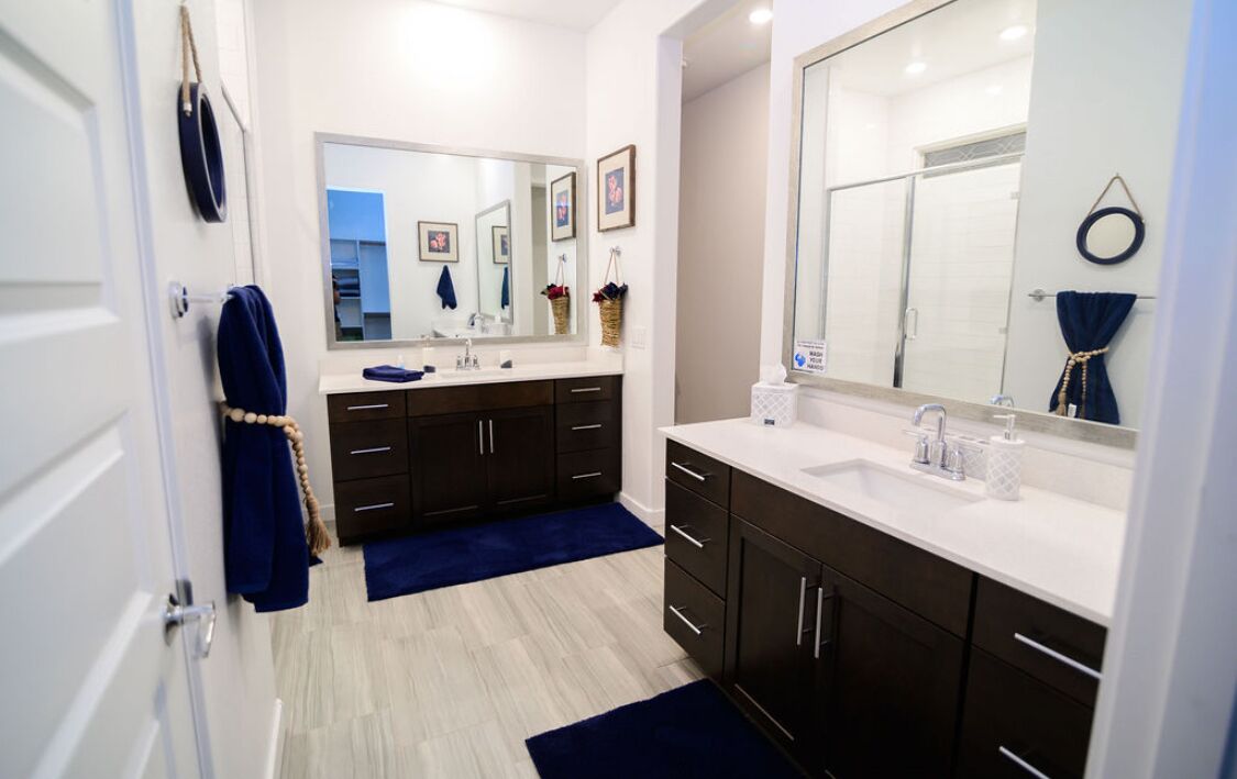 A modern bathroom with dark cabinets, a white countertop, a large mirror, and a blue rug.