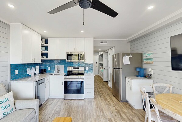 Fridge, microwave, oven, stovetop - Newly Renovated Coastal Condo with Ocean-View Balcony, Shared Pool & Easy Beach Access (Hilton Head)