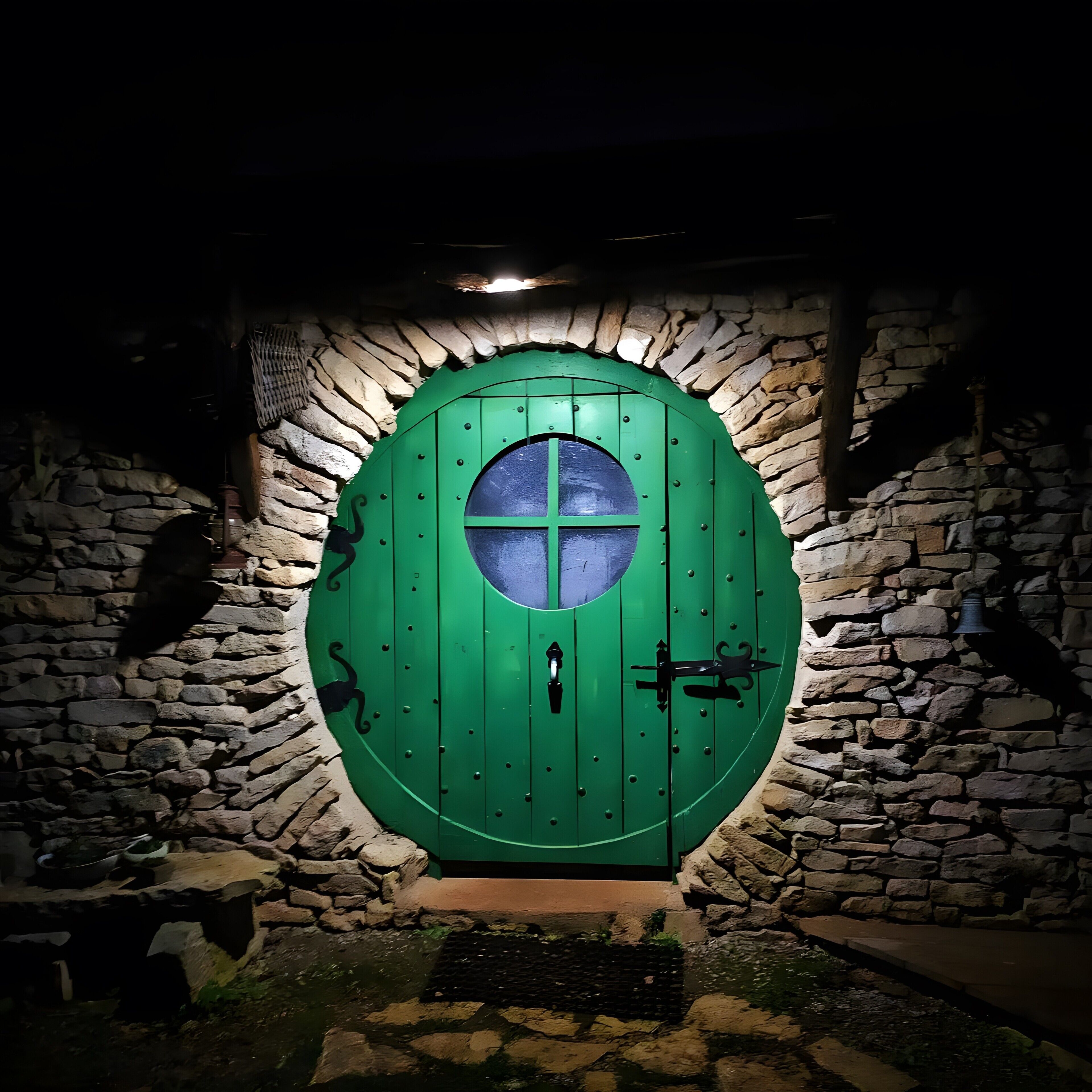 A green door with a circular window, set in a stone wall.