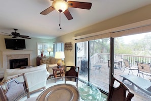 TV, fireplace, DVD player, offices - Lagoon-View Condo with Private Deck, Shared Pool & Easy Beach Access (Hilton Head)