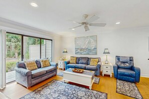 TV, DVD player - Family-Friendly Townhome with Shared Pool, Golf Course Views, and Beach Access (Hilton Head)