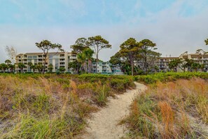 Un camino que lleva a un hotel frente a la playa, con edificios de varios pisos, rodeado de follaje y árboles.