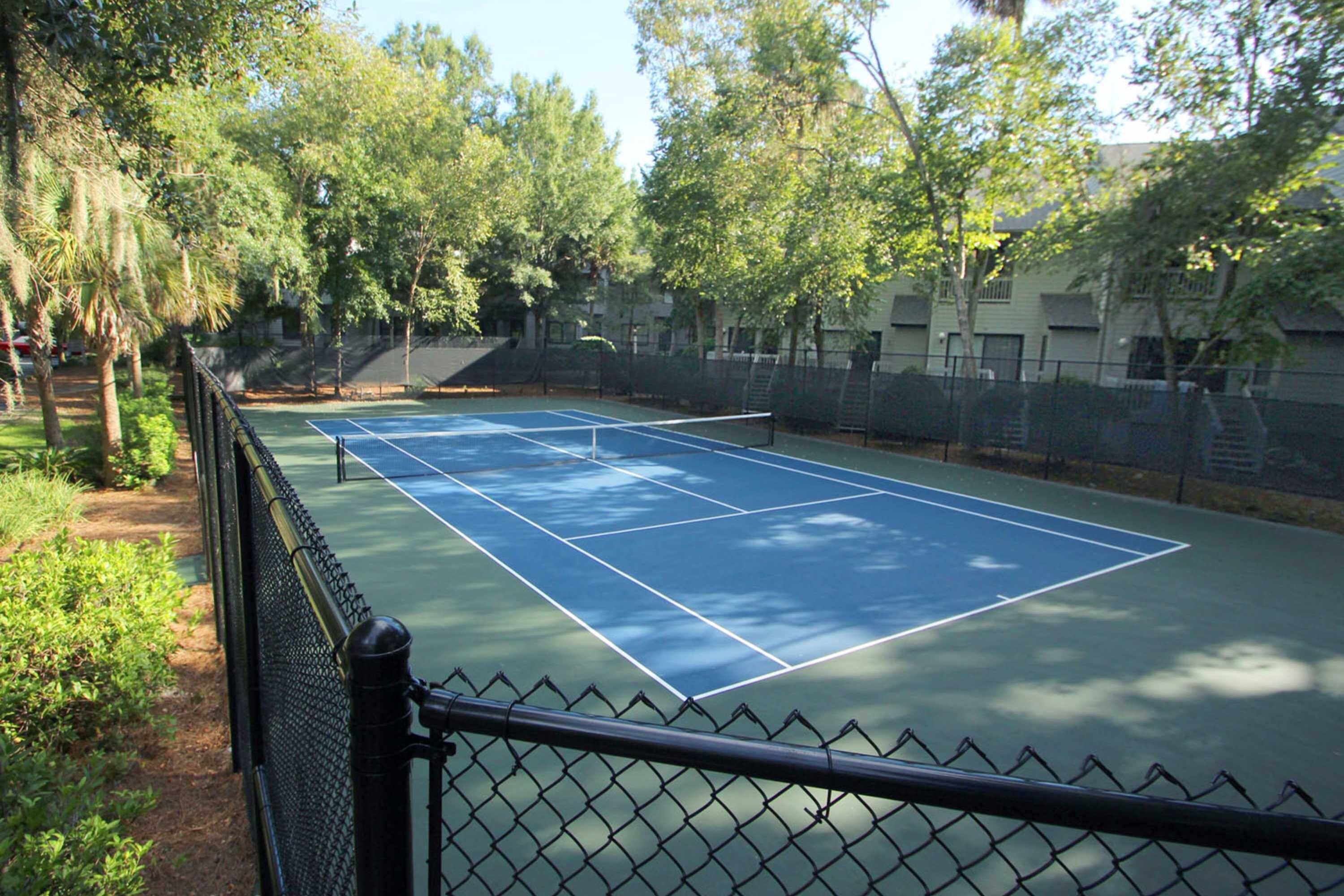 Een tennisbaan omringd door bomen en een hek van gaas.