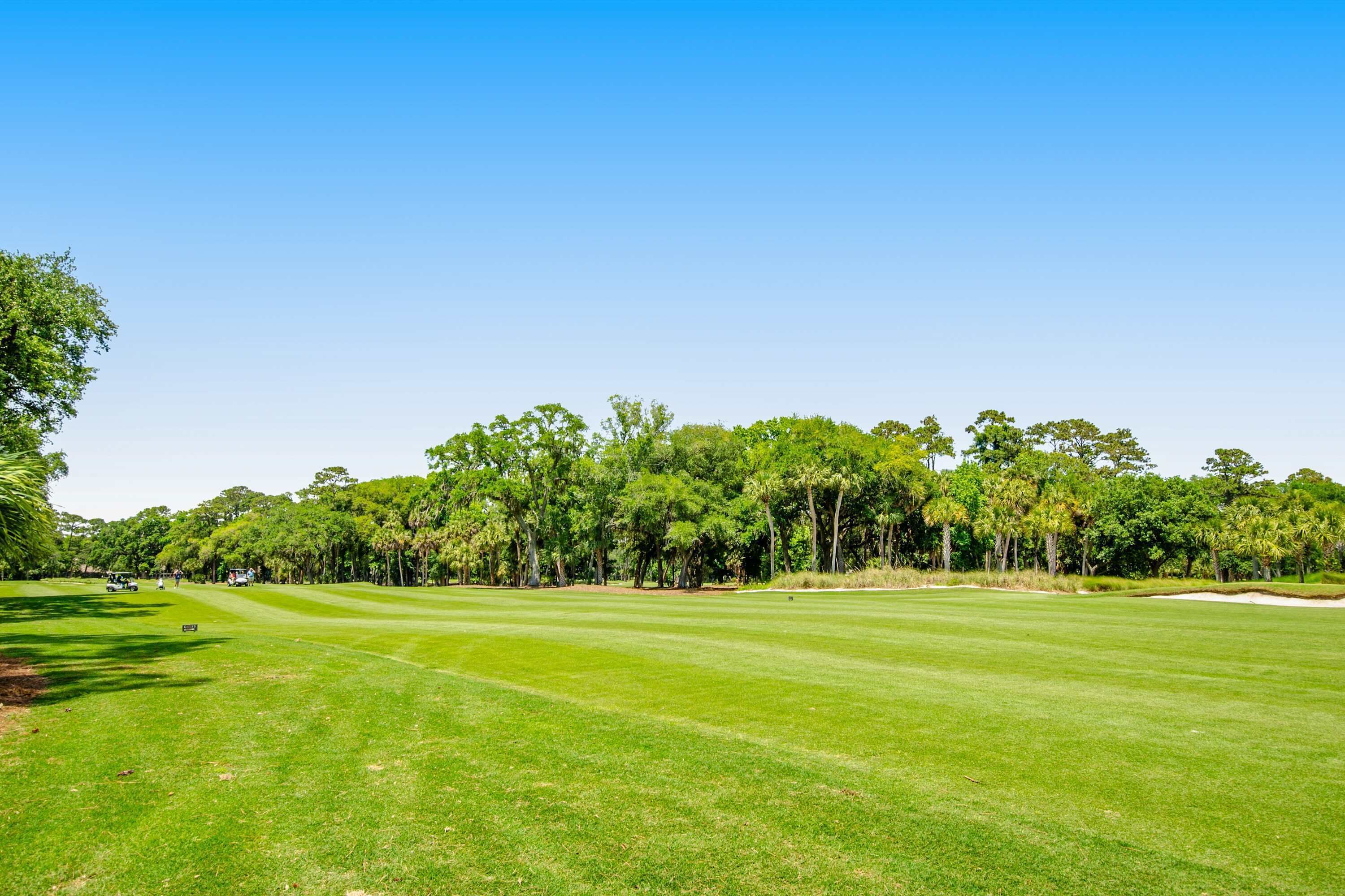 A golf course with a clear sky, lush green grass, and a line of trees in the background.