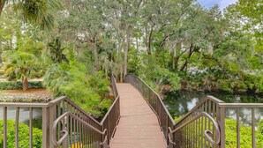 Eine Holzbrücke mit Metallgeländern, umgeben von üppiger Vegetation und Bäumen.