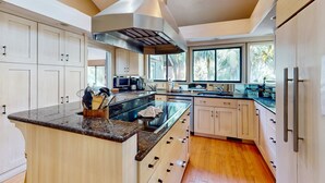 A modern kitchen with a large island, stainless steel appliances, and a view of the outdoors. - Lovely house with gourmet kitchen, screened porch, & open deck (Hilton Head)