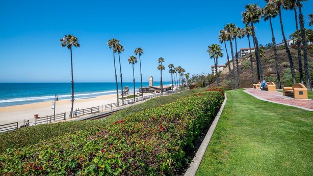 A coastal promenade with palm trees, a beach, and a grassy area with benches. - Coastal Condo Steps to Beach & Downtown (San Clemente)
